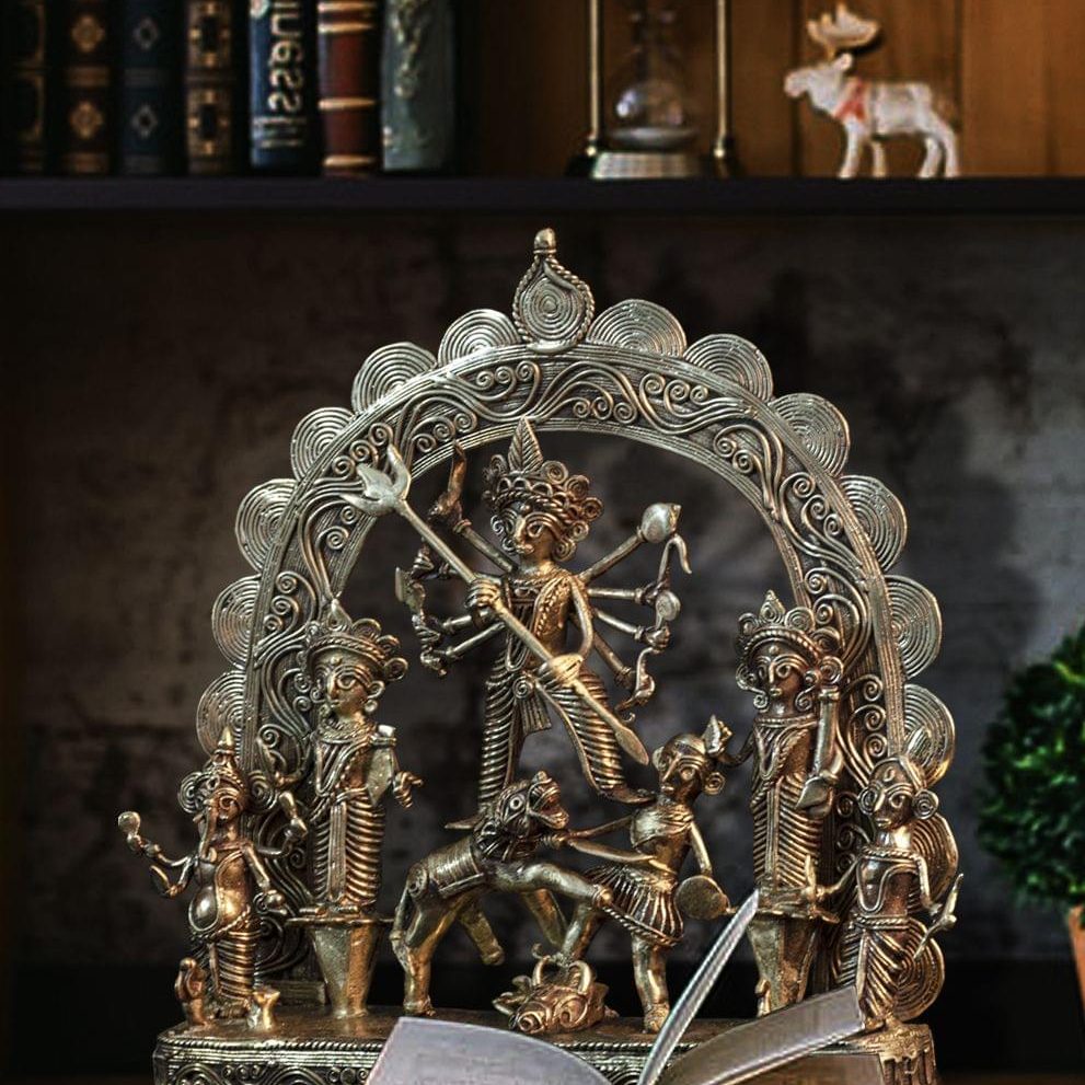 Dokra table-top Durga family - Biswa Bangla