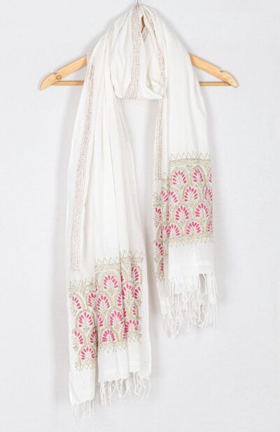 White Muslin with Kantha work Dupatta
