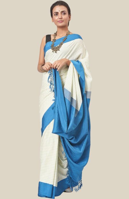 Cotton-Silk Cutshuttle Saree in Blue with White checkered
