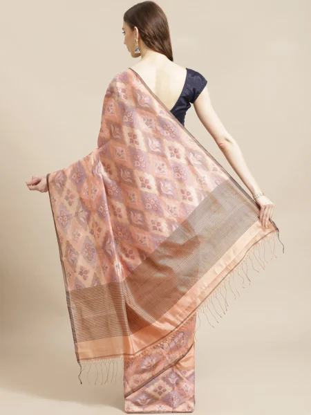 Handwoven Peach Tangail Silk Saree - Image 2