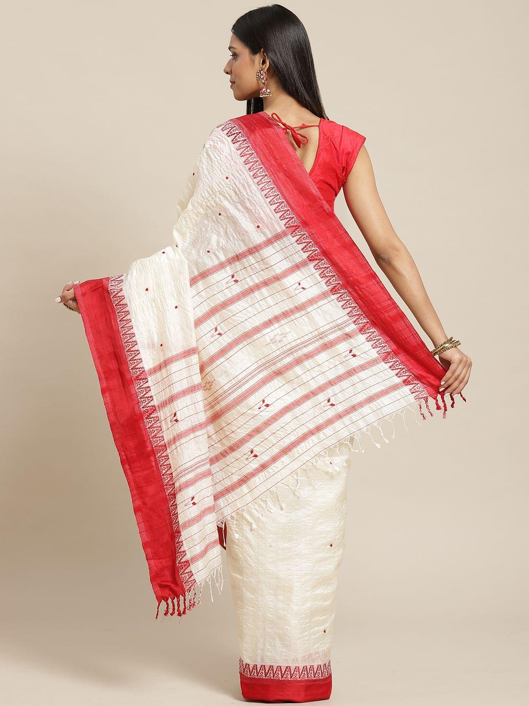 Dhaniakhali Tussar silk Saree in Off-white Red - Image 2