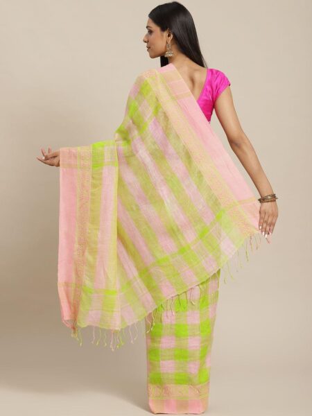 Handwoven Cotton-Linen Saree - Green & Pink - Image 2