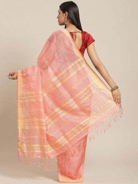 Handwoven Peach Jamdani Silk Saree - Image 2