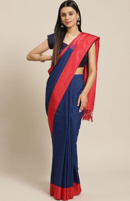 Cotton-Silk Cutshuttle Saree in Indigo and Red