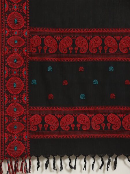 Handwoven Dokhna Cotton Saree in Black & Red - Image 3