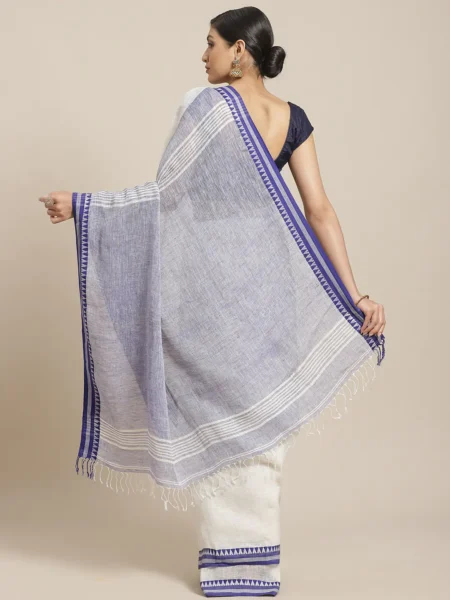 Handwoven White Linen Saree - Image 2