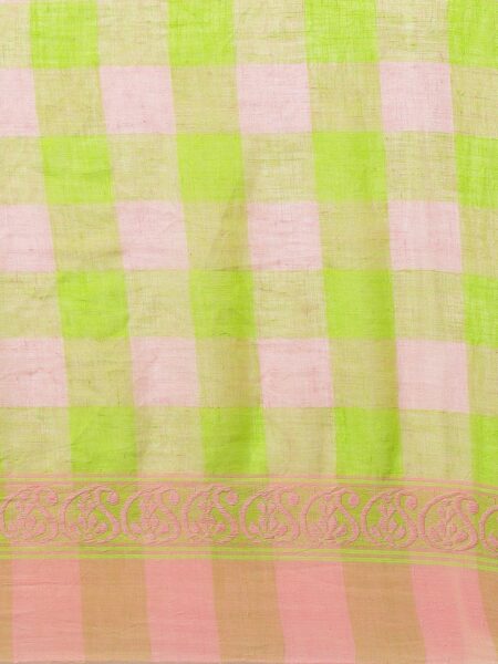 Handwoven Cotton-Linen Saree - Green & Pink - Image 3