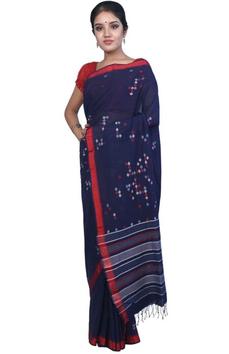 Handwoven Cotton Jamdani Saree Navy
