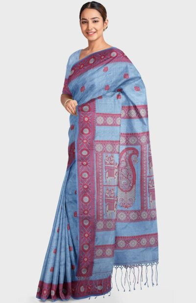 Tussar Silk Baluchari Saree Indigo