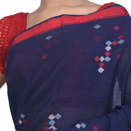 Handwoven Cotton Jamdani Saree Navy - Image 4