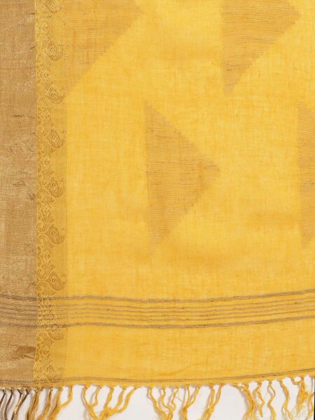 Handwoven Linen Nettle Jacquard Saree with Zari work - Yellow - Image 3