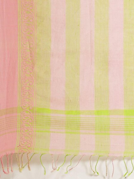 Handwoven Cotton-Linen Saree - Green & Pink - Image 4