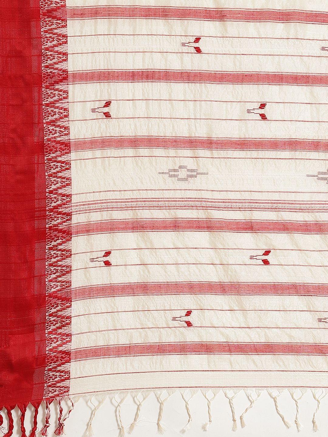 Dhaniakhali Tussar silk Saree in Off-white Red - Image 4