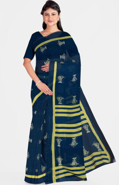 Handwoven Cotton Printed Saree - Indigo