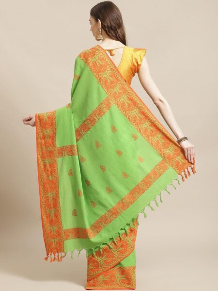 Handwoven Dokhna Cotton Saree in Green & Orange - Image 2