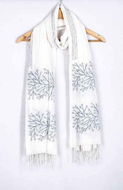 White Muslin with Kantha work Dupatta