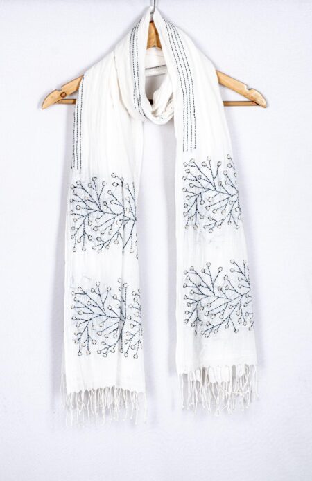 White Muslin with Kantha work Dupatta