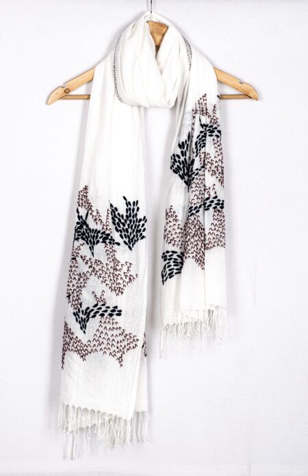 White Muslin with Kantha work Dupatta