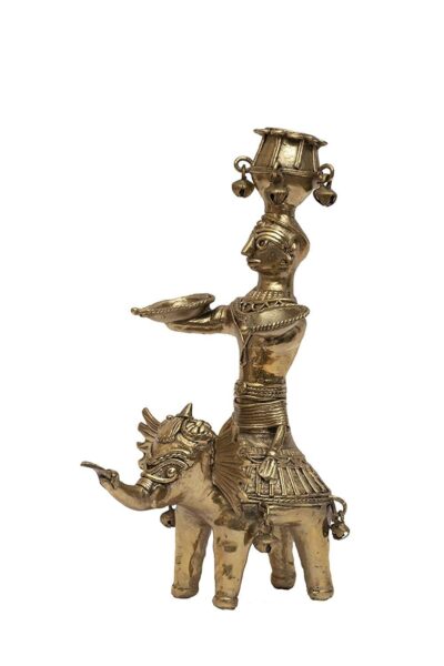 Dokra Elephant with Lady and 2 Diya