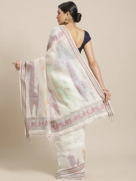 Handwoven white Linen Saree - Image 2