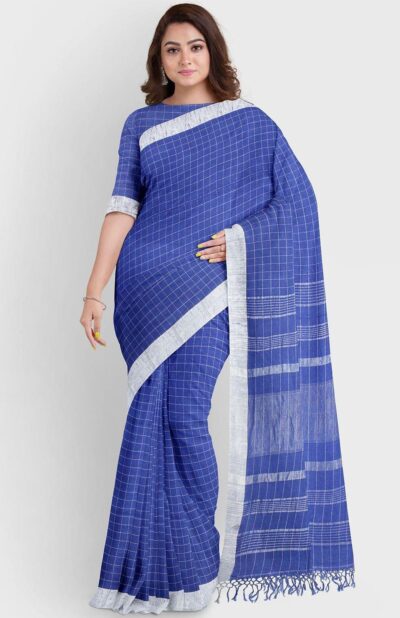 Handwoven Tangail Indigo Linen Zari Saree