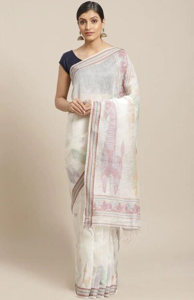 Handwoven white Linen Saree
