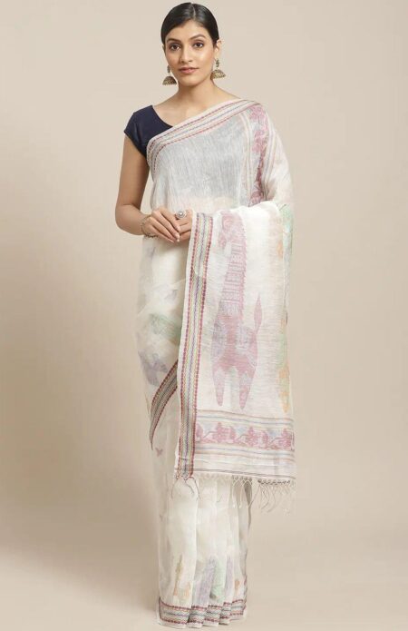 Handwoven white Linen Saree