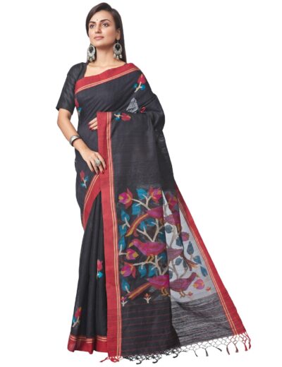 Matka Silk Jamdani Saree Black