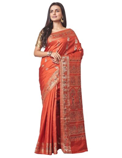Baluchari Saree with Jori Meena work in Rust