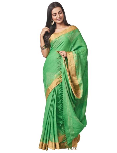 Handwoven Linen Nettle Jacquard Saree with Zari work - Green - Image 2