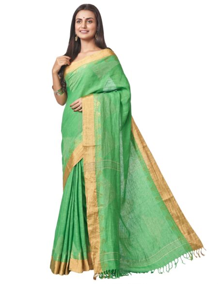 Handwoven Linen Nettle Jacquard Saree with Zari work - Green - Image 3