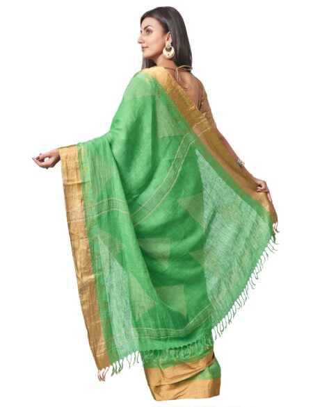 Handwoven Linen Nettle Jacquard Saree with Zari work - Green - Image 4