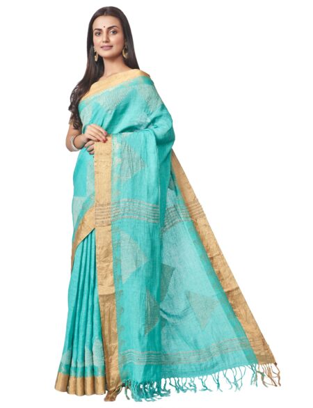 Handwoven Linen Nettle Jaquard Saree - Turquoise Blue - Image 3