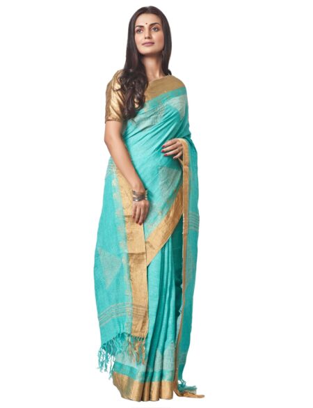 Handwoven Linen Nettle Jaquard Saree - Turquoise Blue - Image 2