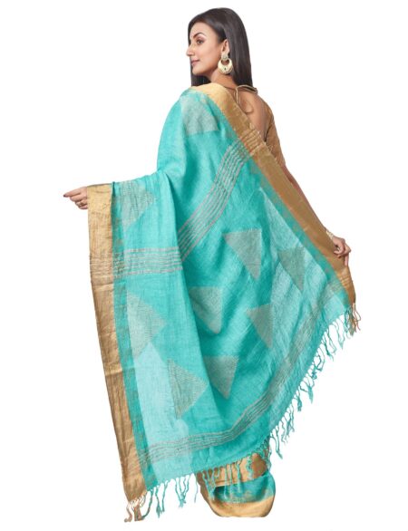 Handwoven Linen Nettle Jaquard Saree - Turquoise Blue - Image 4