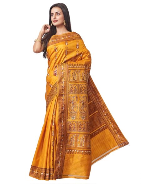 Baluchari Mina Silk Saree - Mustard Yellow - Image 2