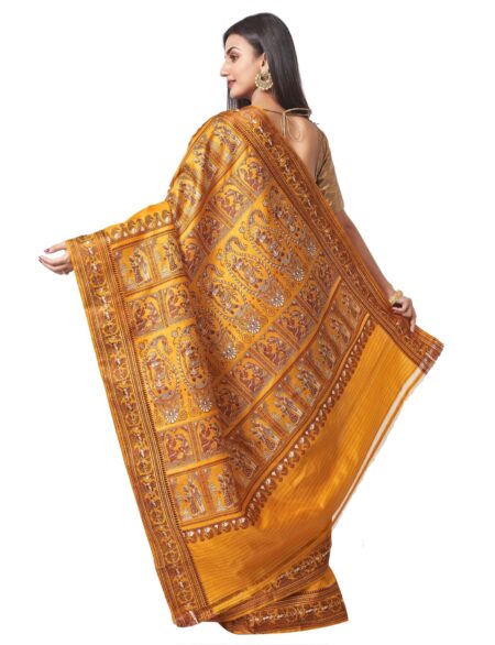 Baluchari Mina Silk Saree - Mustard Yellow - Image 3