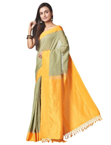 Cotton-Silk Cutshuttle Saree in Pastel Green and Yellow - Image 3