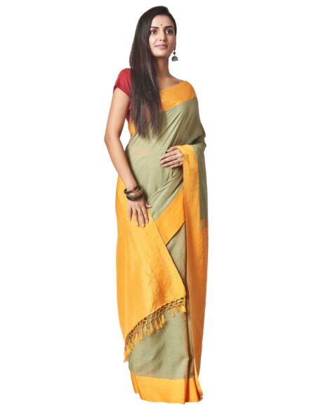 Cotton-Silk Cutshuttle Saree in Pastel Green and Yellow - Image 2