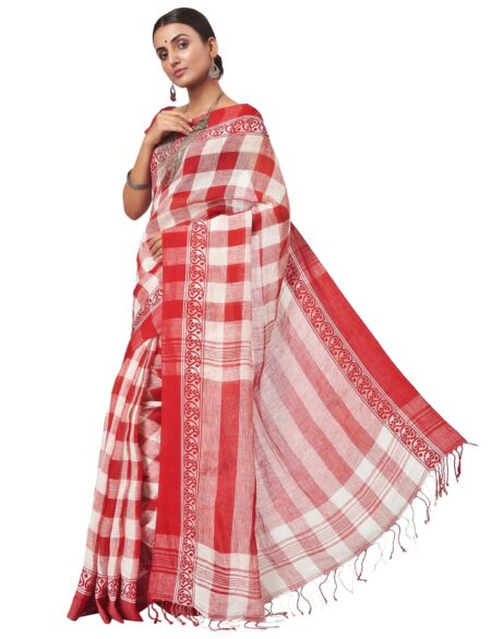 Cotton-Linen Saree in Red & White - Image 2