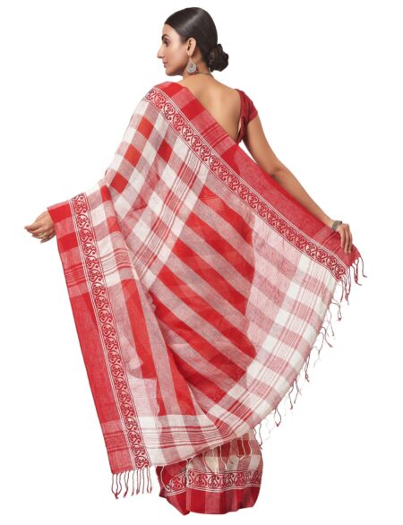Cotton-Linen Saree in Red & White - Image 3