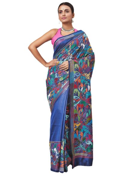 Kantha Silk Saree in Multicolour - Image 2