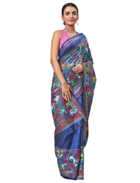 Kantha Silk Saree in Multicolour - Image 3
