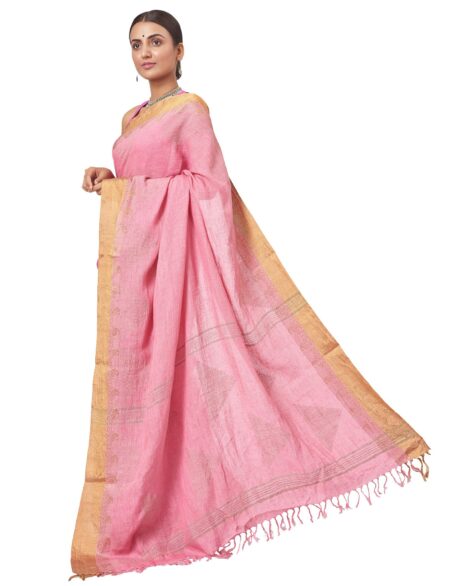 Handwoven Linen Nettle Jaquard Saree - Pink - Image 3