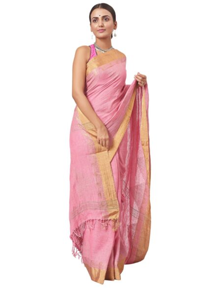 Handwoven Linen Nettle Jaquard Saree - Pink - Image 2