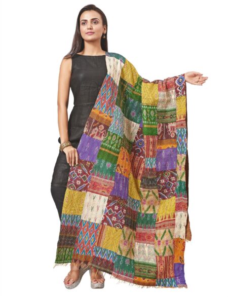 Handwoven Silk Multicolored Kantha Stitch Tappi Stole - Image 2
