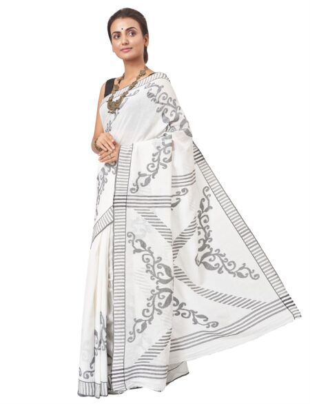 Muslin Jamdani Saree in White Colour - Image 3