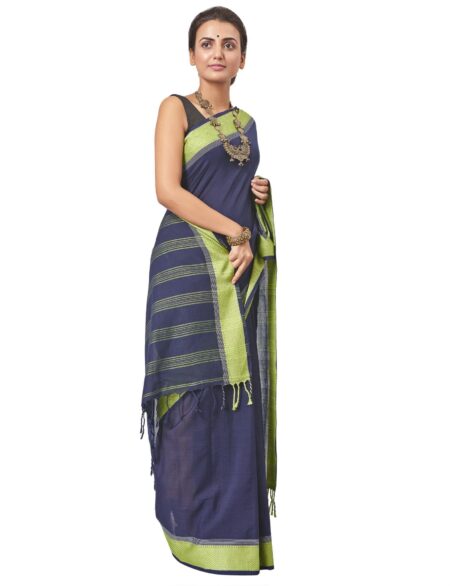 Santipuri Navy Blue Cotton Saree  with Green Border - Image 3