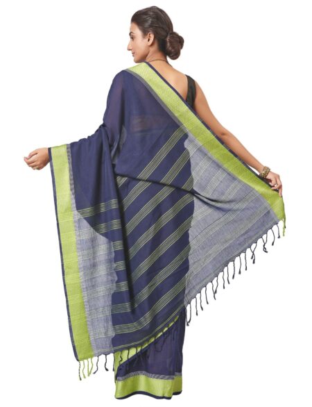 Santipuri Navy Blue Cotton Saree  with Green Border - Image 4