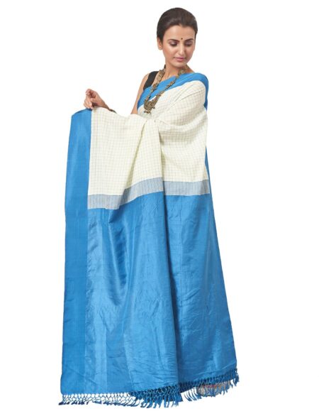 Cotton-Silk Cutshuttle Saree in Blue with White checkered - Image 2
